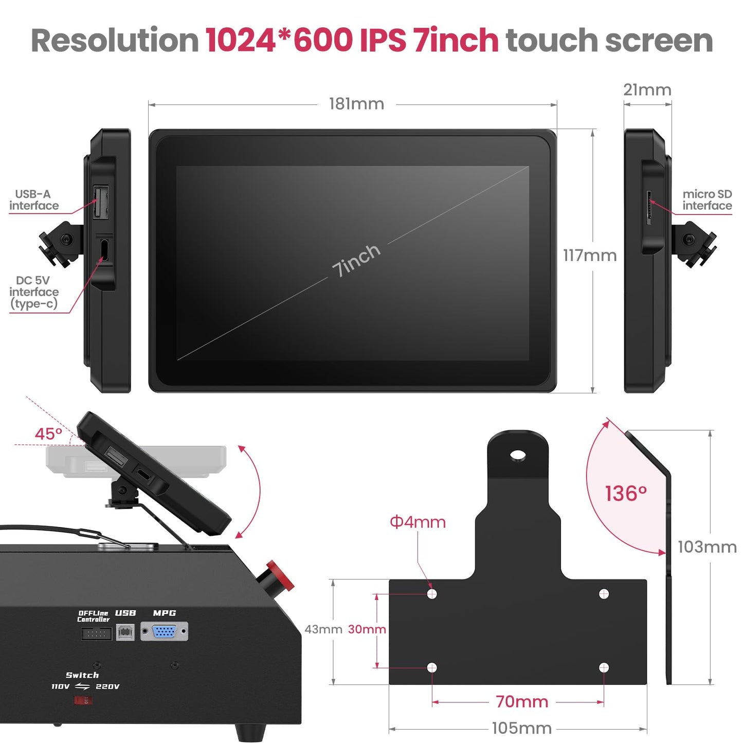 NymoLabs 4 AXIS USB CNC Offline Controller, Offline GRBL Control Module with 7inch IPS Touch Screen for grbl firmware CH340 chip 3018/3030/4030/4040/5040/6040/6050 CNC Router Machines