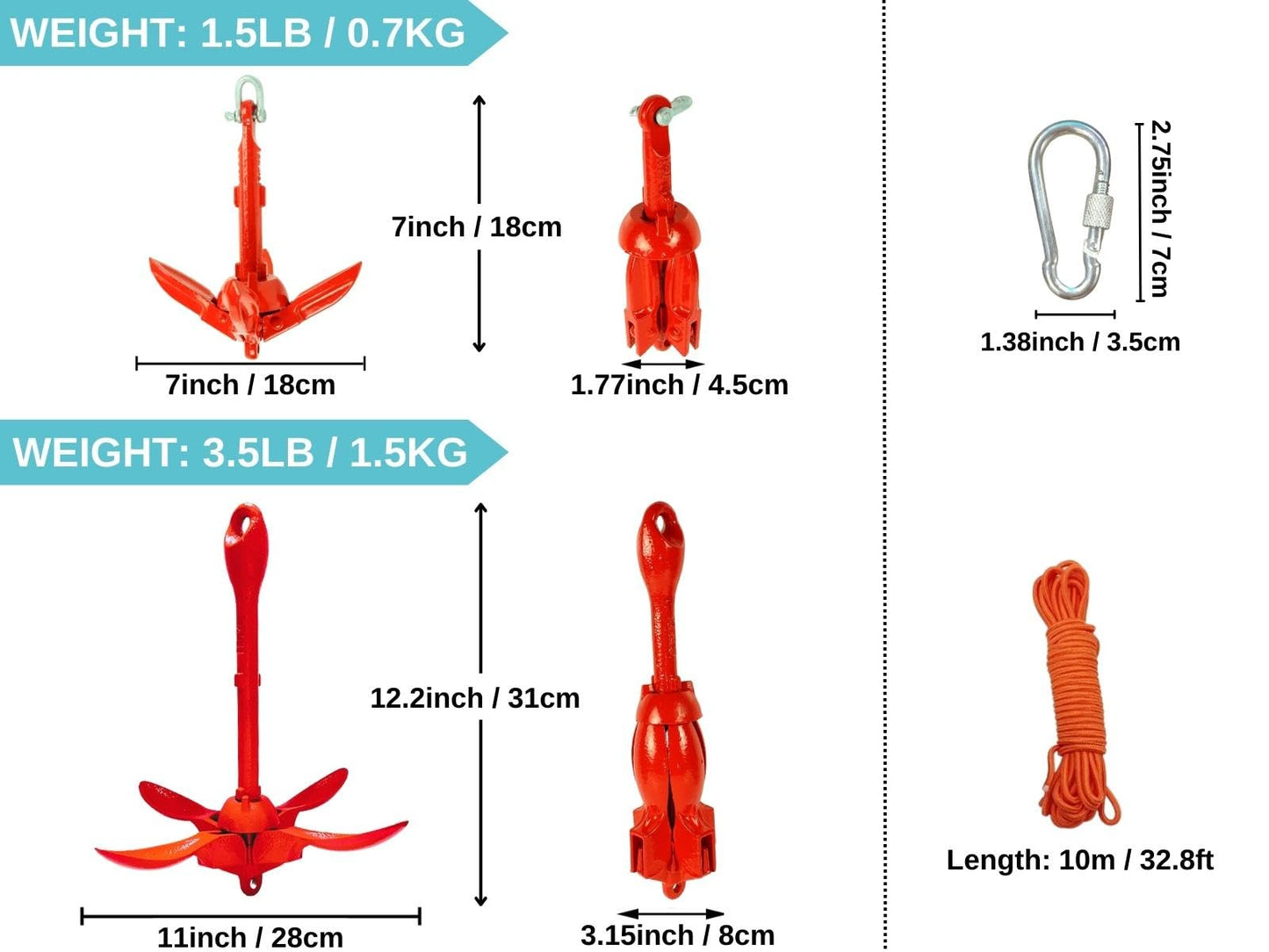 BeGrit Kayak Anchor 1.5lb Small Boat Anchor Folding Marine Anchor for Fishing,Kayak,Paddle Board,Canoe,Jet Ski, with 32.8 ft Anchor Tow Rope Carrying Bag (Red)