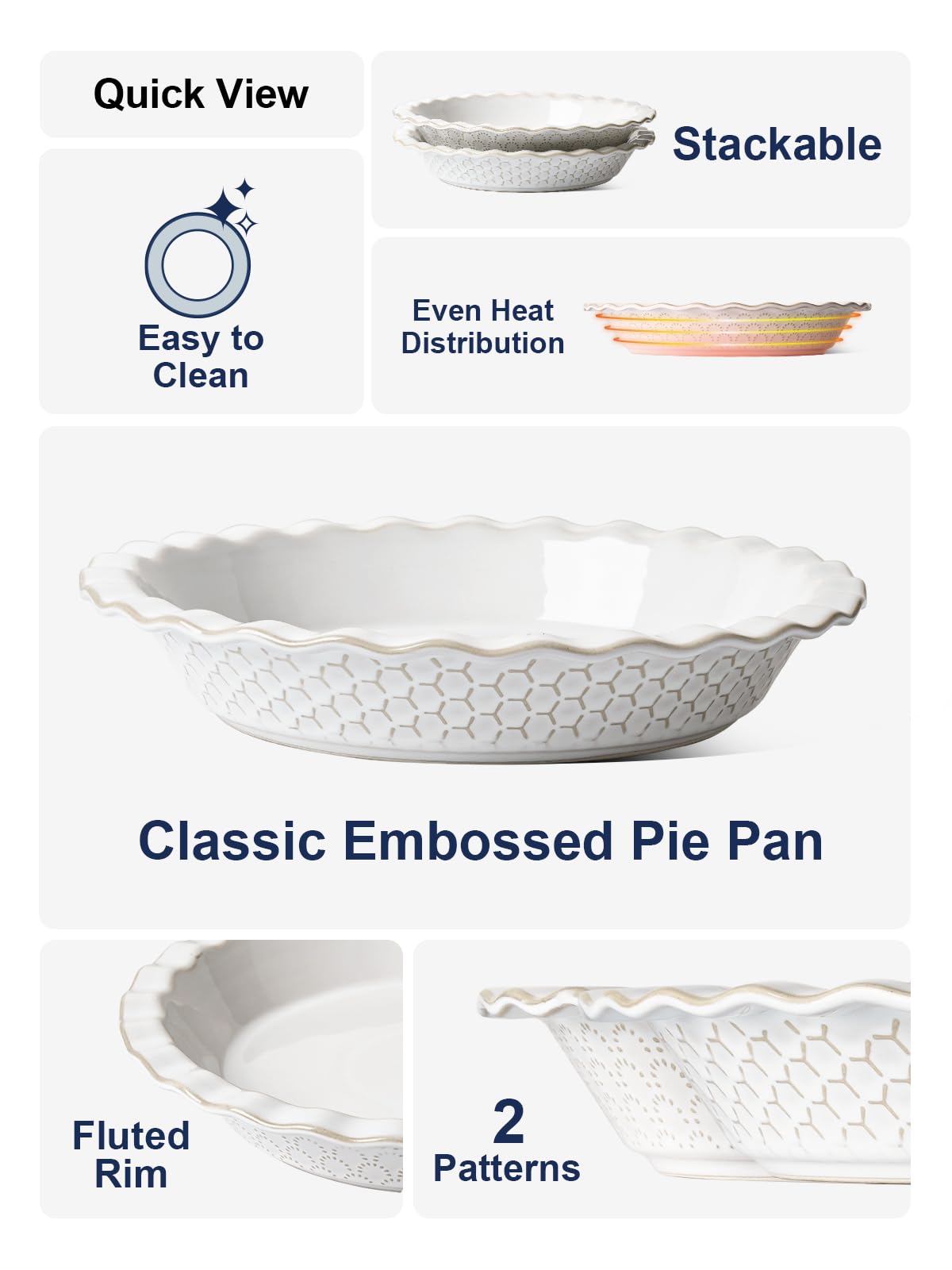 LE TAUCI Pie Pans for Baking 9 Inch, Ceramic Pie Plate for Apple Pie, Round Baking Dish Oven Safe, Embossment Housewarming Wedding Present - 36 OZ, Set of 2, Fireworks + Honey Comb, Arctic White
