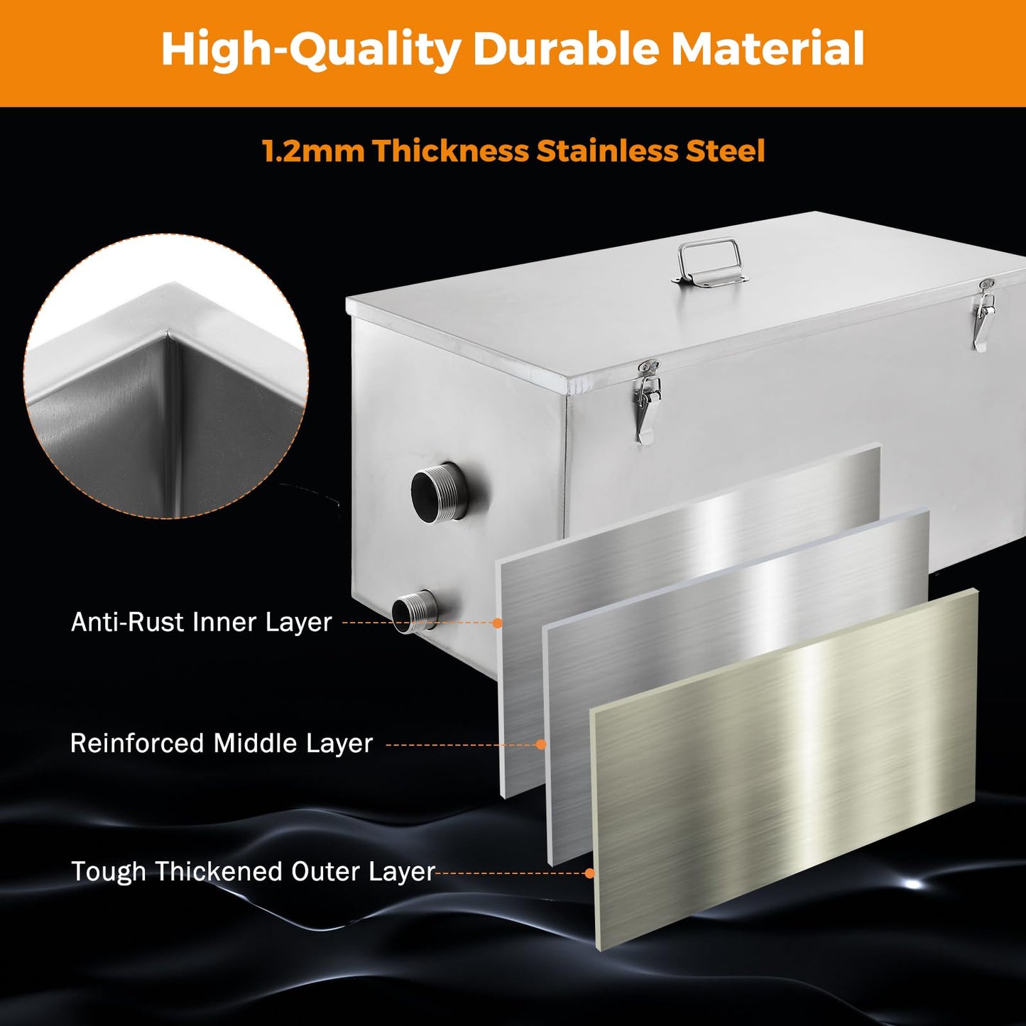 BEAMNOVA Commercial Grease Trap 25lbs Stainless Steel Interceptor, Side Inlet for Restaurant Home Kitchen Tools