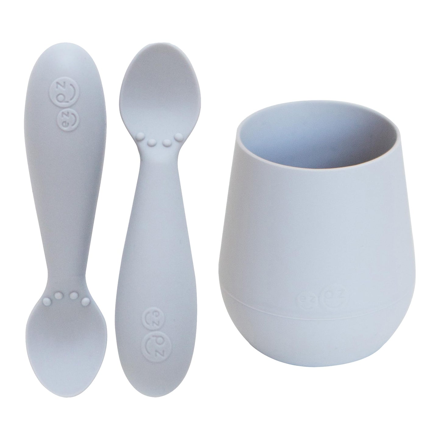 ezpz Tiny Cup (Pewter) + Tiny Spoon (2 Pack in Pewter) - baby essentials, cup and spoon