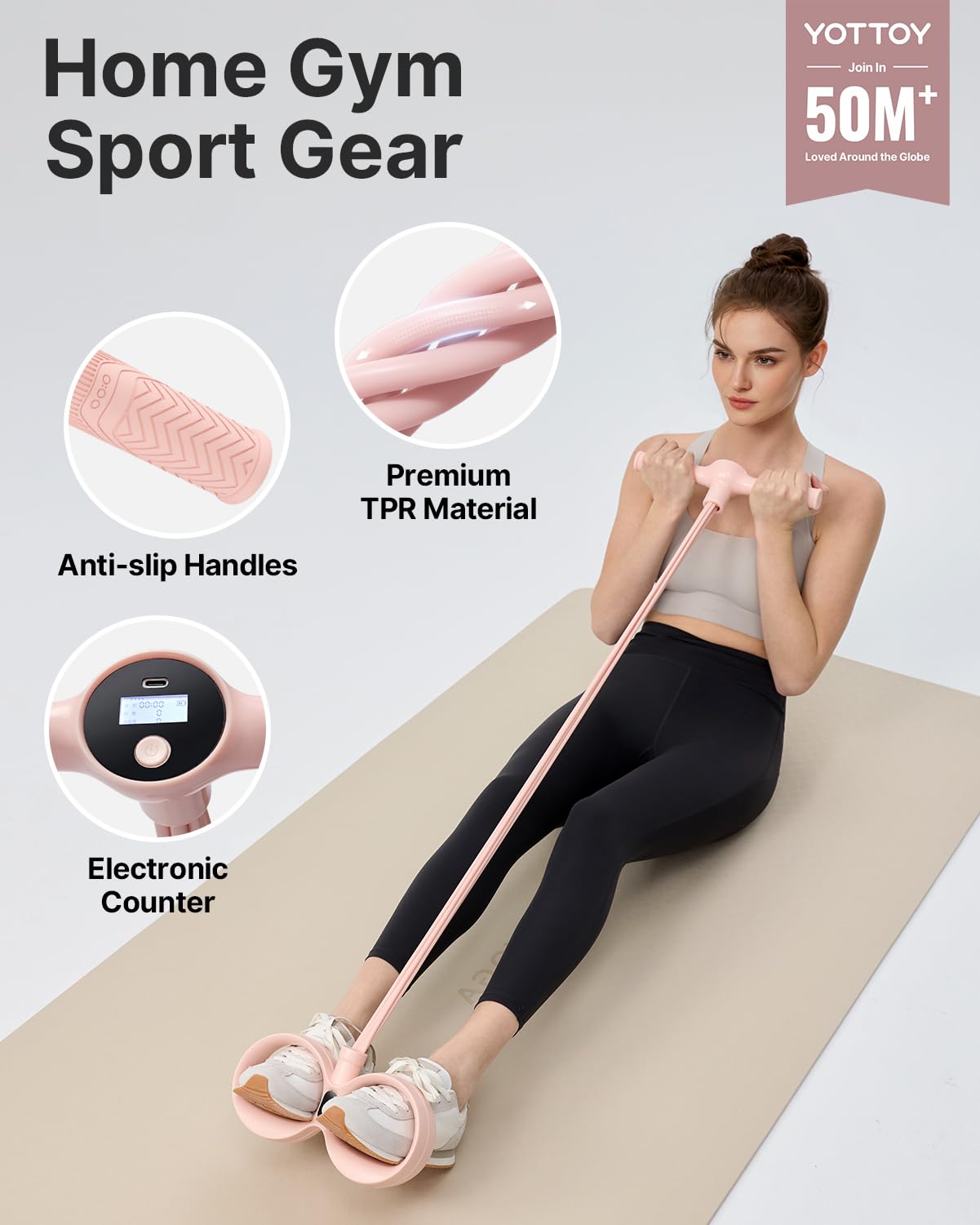 YOTTOY Smart Foot Pedal Puller with Digital Counter, Pedal Puller Resistance Band System with Handles for Full Body Stretching Yoga Home Workout, Pink
