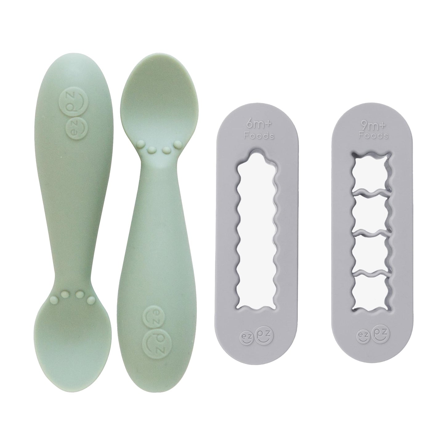 ezpz Baby Feeding Bundle – Tiny Spoon (2-Pack, Sage) + BLW Food Cutters (2-Pack, Pewter) – 100% Silicone Baby-Led Weaning Set for 6–9+ Months – Infant Feeding & Prep Essentials