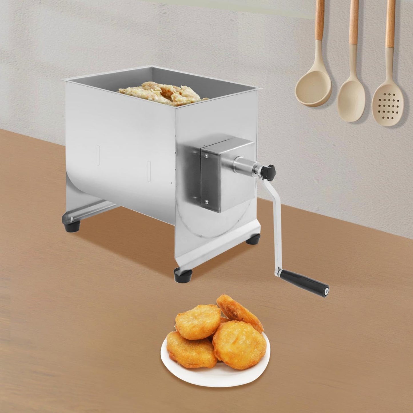 44 lbs Manual Meat Mixer, Stainless Steel Commercial Sausage Mixer Machine with Cover and Easy-Turn Crank for Home Kitchen, Restaurants Effortless Meat Mixing, Silver