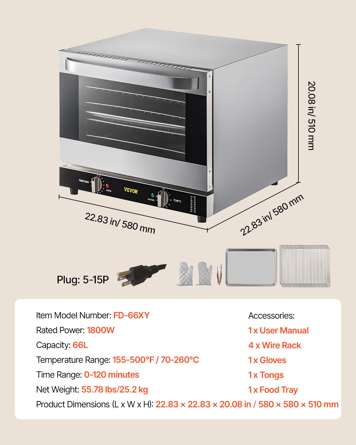 VEVOR Commercial Convection Oven, 66L/60Qt, Half-Size Conventional Oven Countertop, 1800W 4-Tier Toaster w/Front Glass Door, w/Trays Wire Racks Clip Gloves, 120V