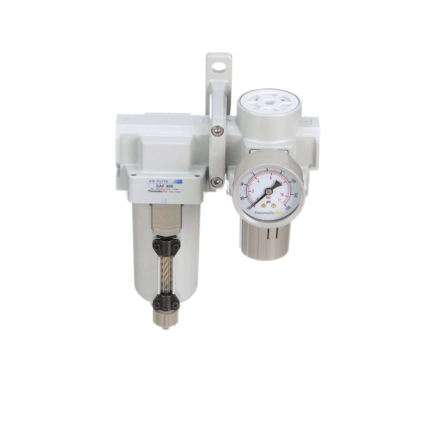 PneumaticPlus SAU420-N04G-MEP Compressed Air Filter Regulator Combo 1/2" NPT - Metal Bowl, Manual Drain, Bracket, Gauge