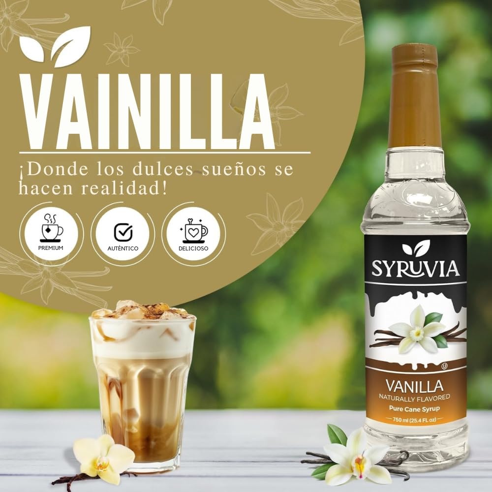 Syruvia Vanilla Syrup for Coffee - Flavorful Vanilla Syrup for Lattes & Beverages - 25.4 fl oz with Pump