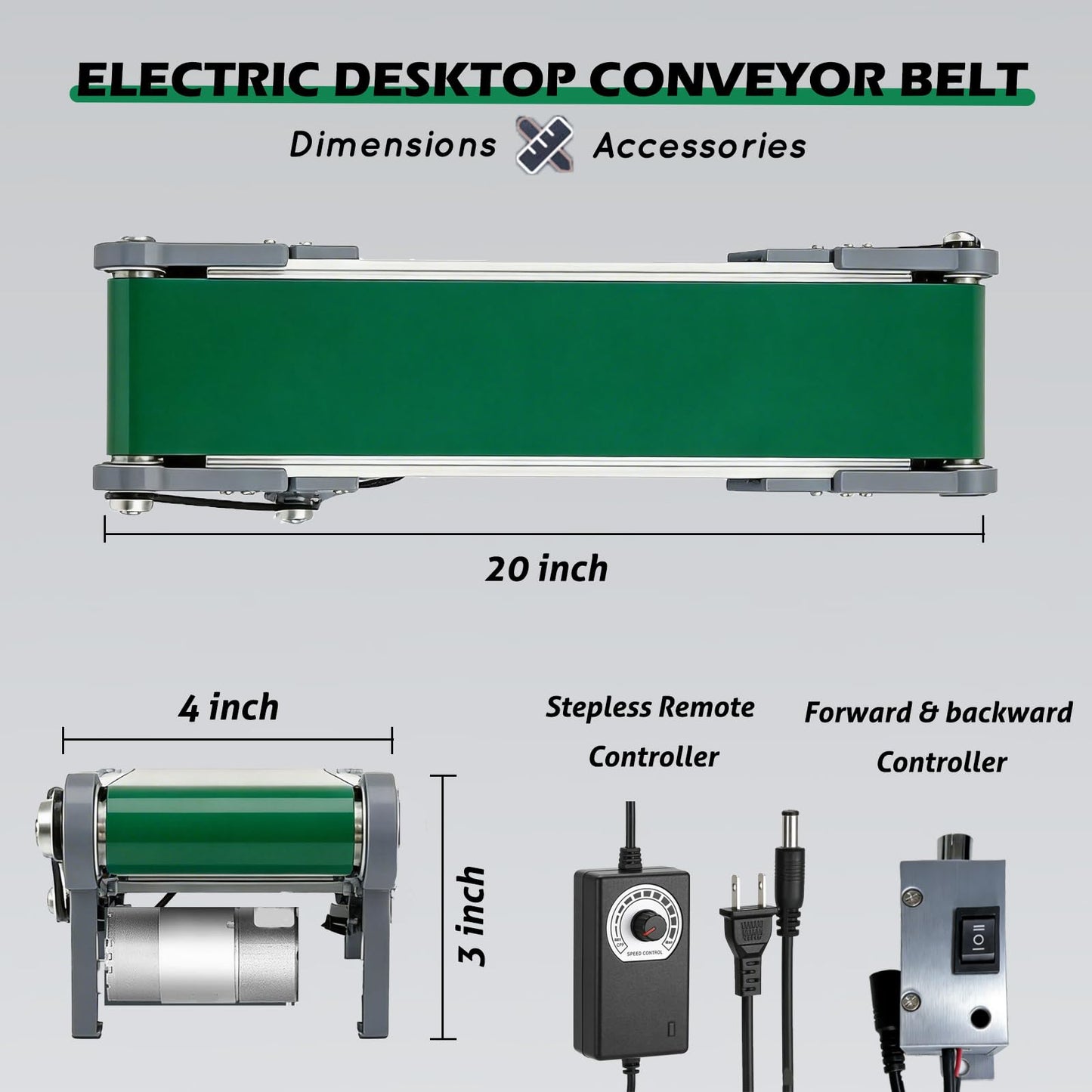 UCEXPLAB 20 inch Electric Desktop Conveyor Belt 10x50CM, 0-167RPM with Forward and Reverse Switch Stepless Speed Adjustment PVC Belt Conveyor for Friction Experiment Model, Production Line, Home DIY