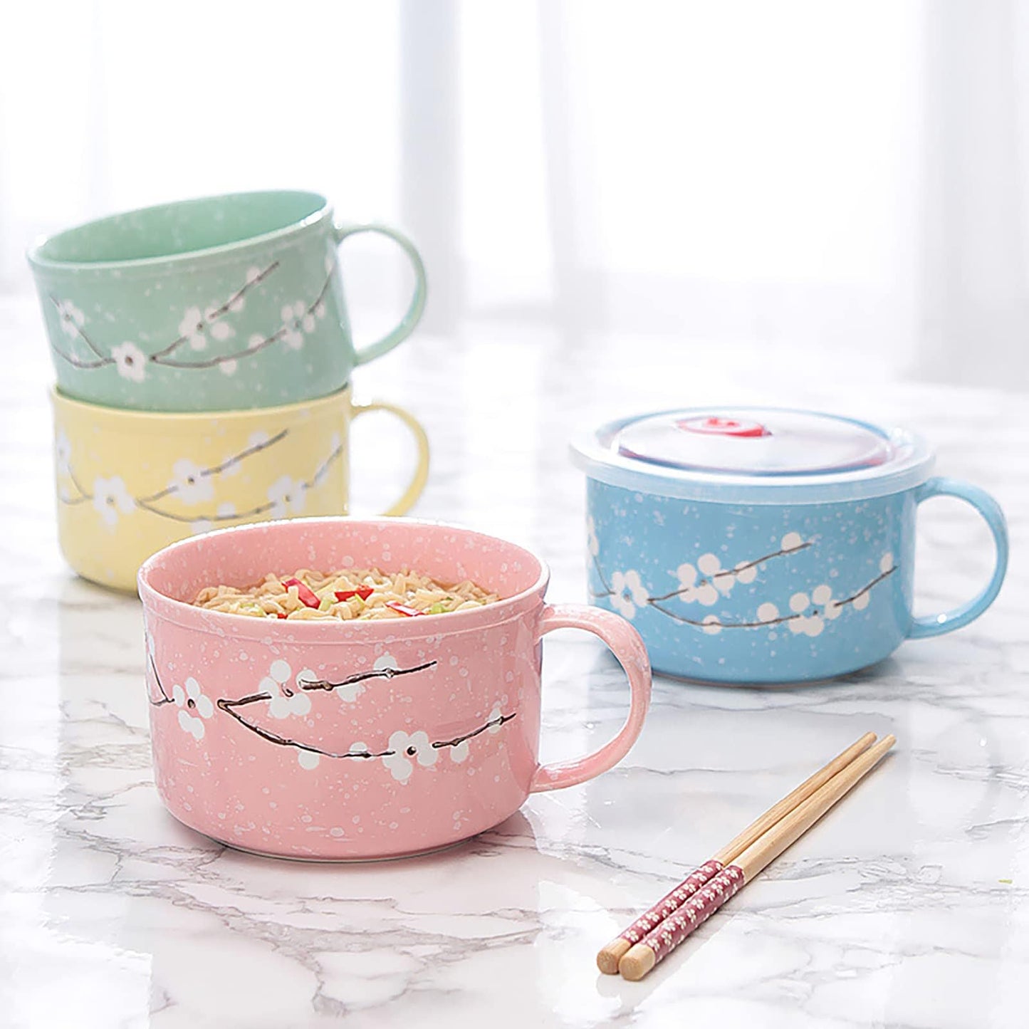 BxuxJar 4 Pack 30 oz Ceramic Bowl with Lid and Handle, Hand Painted Microwave Soup Bowl with Lid, Cute Microwave Ramen Bowls for Noodles, Porridge, Rice, Dishwasher Safe