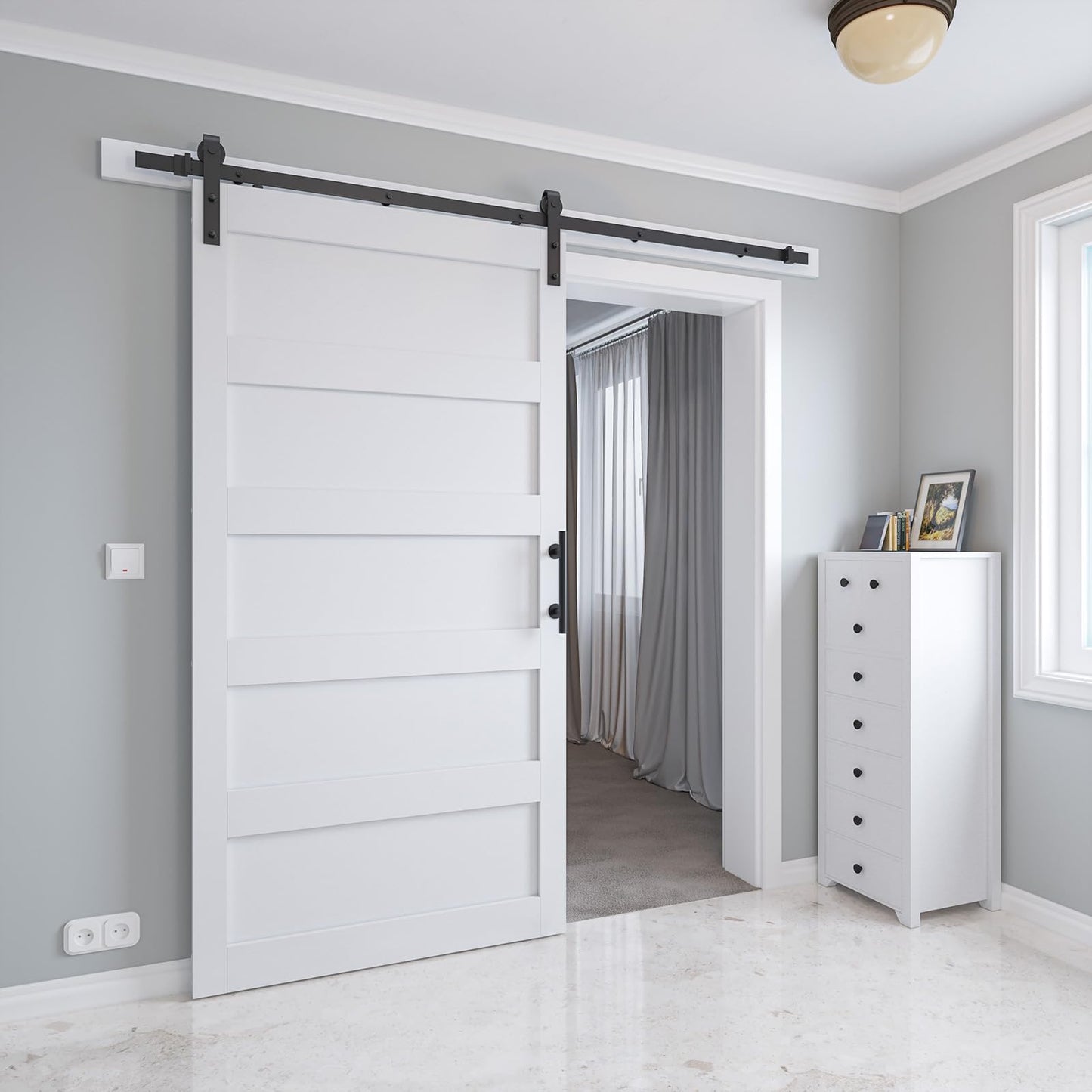 COSHOMER 42in x 84in Sliding Barn Door with 7ft Barn Door Hardware Kit & Handle, Pre-Drilled Holes Easy Assembly -Solid Barn Door Slab Covered with Water-Proof PVC Surface, White, 5 Panel
