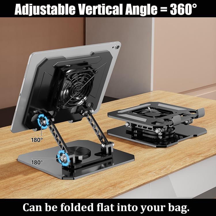 Mikirini 360 13 12 11 5 4 3 Rotating Tablet Desk Stand Holder with USB CoolerCarbon Steel Frame Dual Rod Mount Support