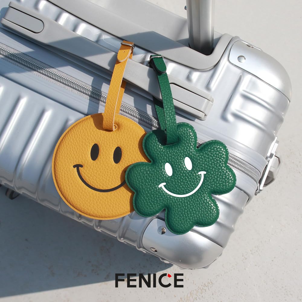 FENICE Vegan PU Leather Smiley Face Name Tag with Belt Buckle Strap Closure for Suitcase Luggage Tavel Bag (Yellow-Smile)