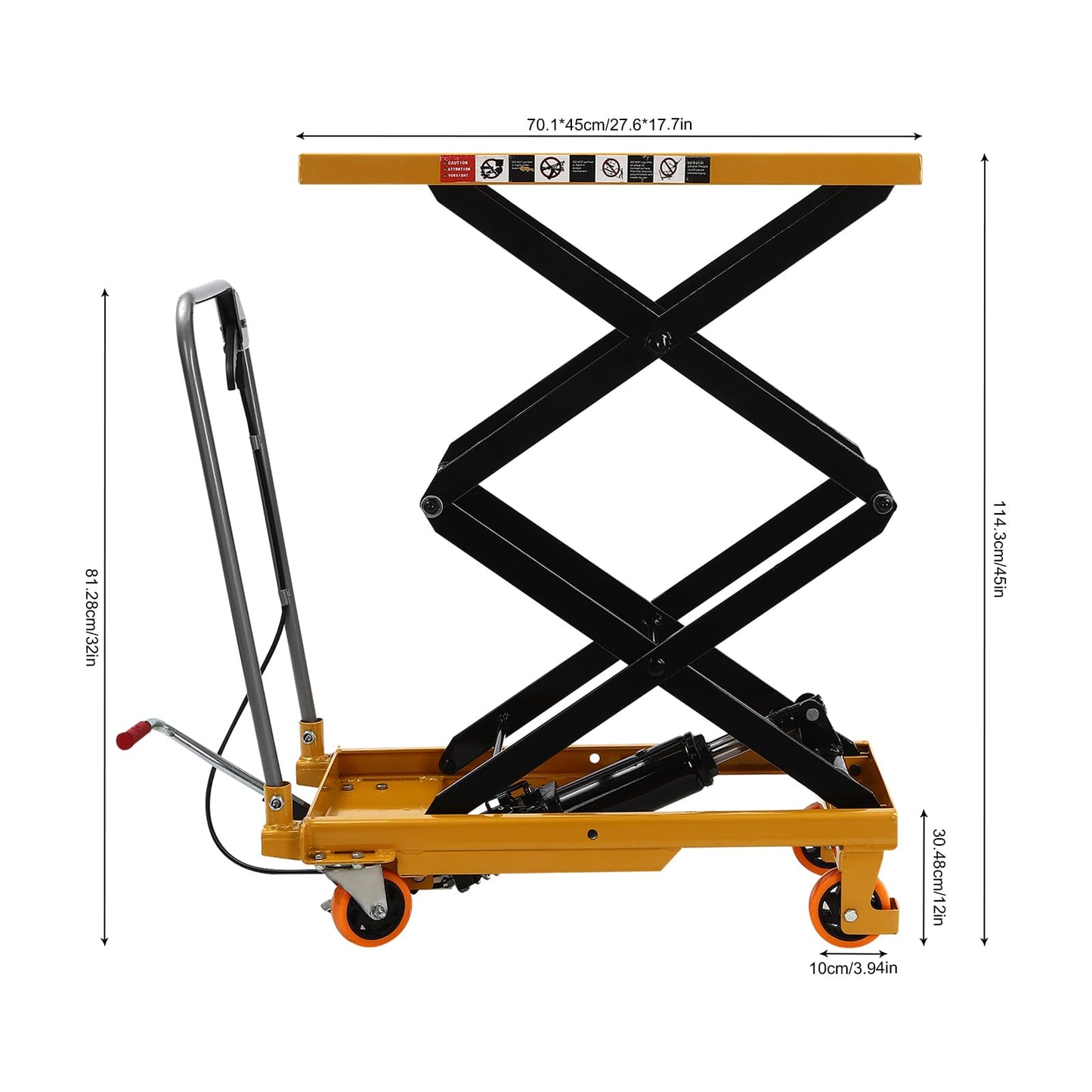 Hydraulic Lift Table Cart, 330lbs Capacity 45" Lifting Height, Double Scissor Lift Table w/ 4 Wheels and Foot Pump, Elevating Hydraulic Cart for Material Handling and Transportation, Yellow