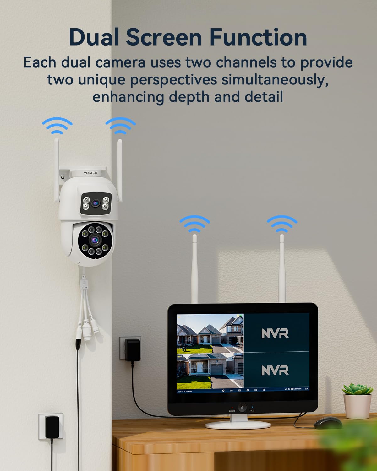 VORGUT Security Camera System Wireless Outdoor with 12" Monitor, 4pcs 2K Dual Lens Cameras for Home & Business Surveillance, 360° PTZ, 2.4G/5G WiFi, Human Detection, Auto Tracking, 16CH NVR, 500G HDD