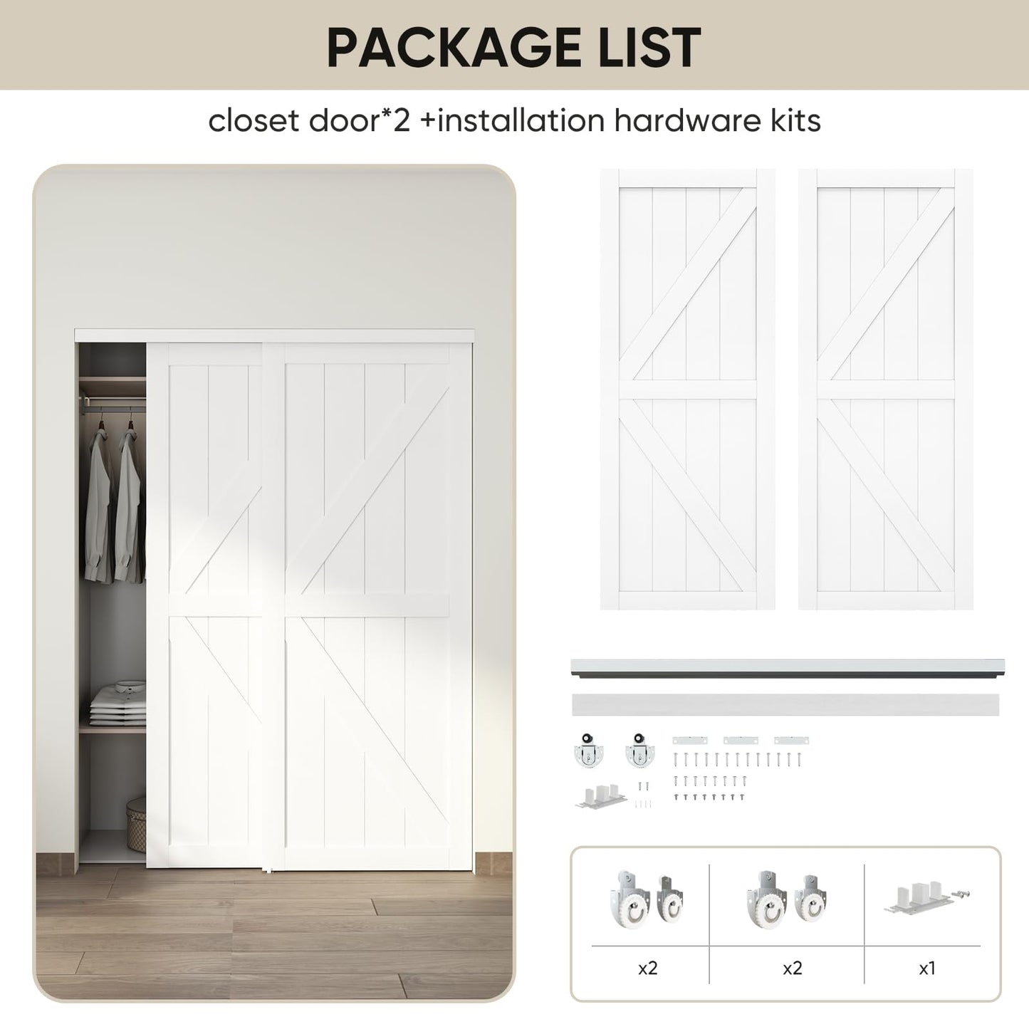 JUBEST 60"(Double 31") x80" Sliding Closet Door, K Style Bypass Closet Door with Hardware Kit & Matching Fascia, Preassembled Solid Wood Slab with Water-Proof PVC Surface, Easy to Install, White