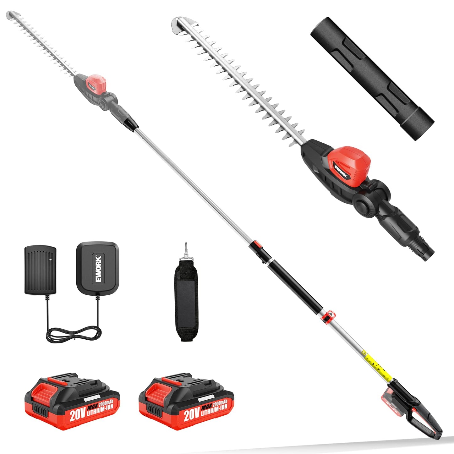 EWORK 20V Cordless Pole Hedge Trimmer with 2 Batteries and Charger, 18-Inch Blade Pole Trimmer, 6.3Ft-8.6Ft Extended Reach, 11-Angle Pivoting Head, Lightweight 6 LBS Battery Powered Bush Shrub Cutter