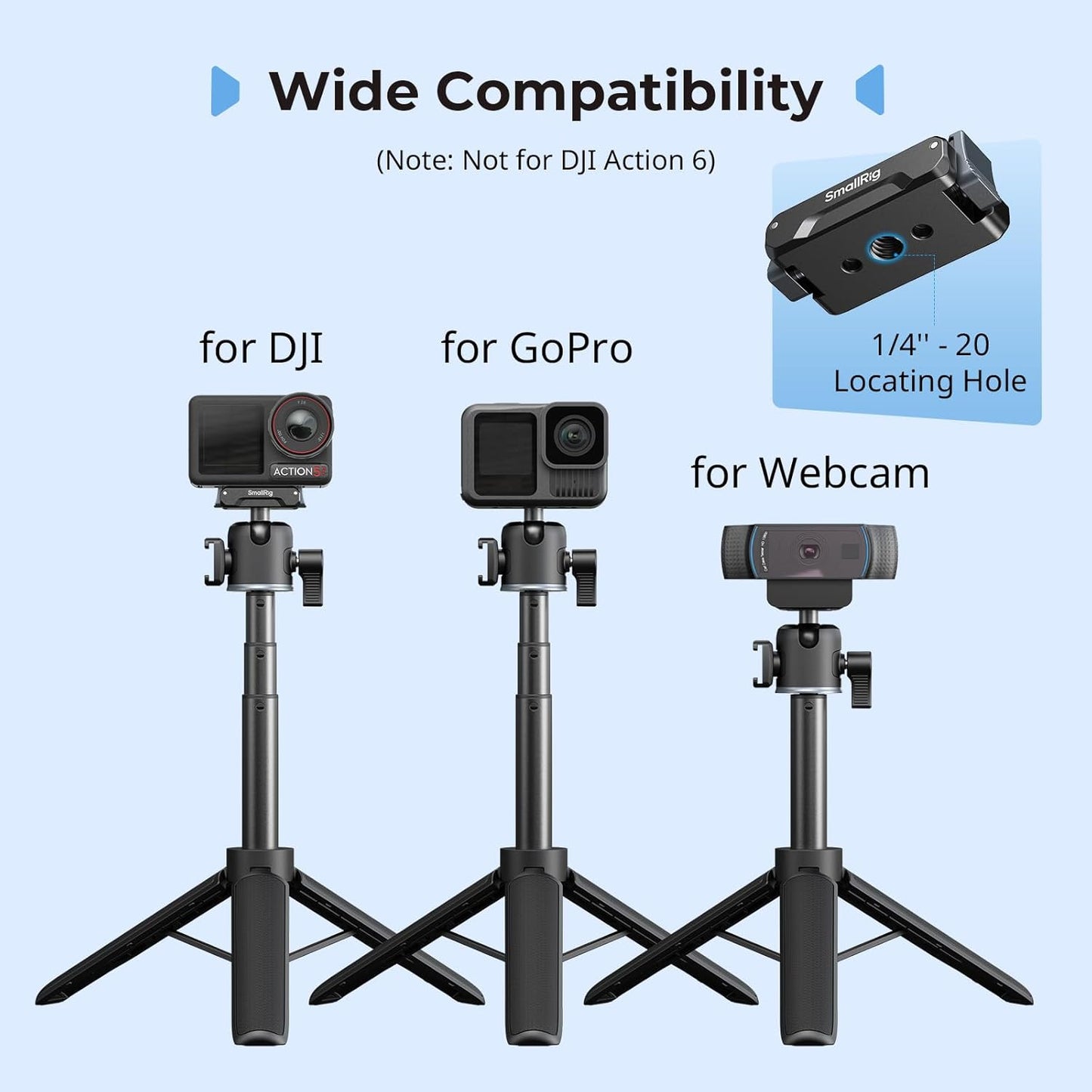 SMALLRIG 7.8-21.6in 360 5 Pro/4, 1/4-20" 13/12/11, 5435 Action Camera Selfie Stick Tripod, Extendable, Ball Head, Cold