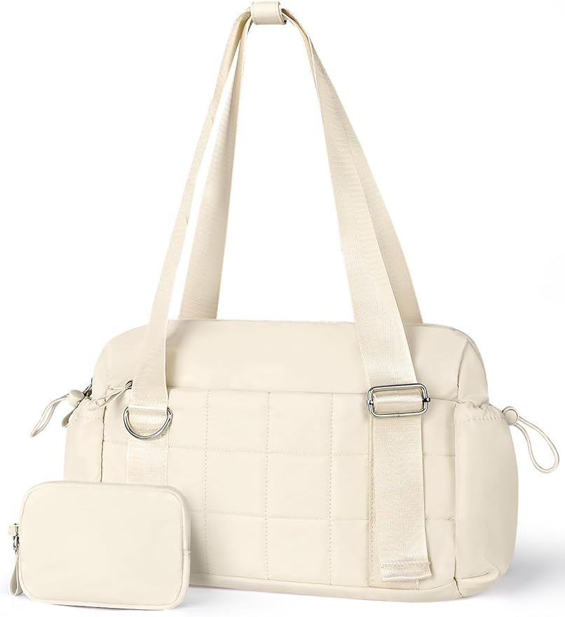 VUUDH Puffy Mini Gym Bag for Women, Carry On Multi-Pocket Water-Resistant Duffel, Lightweight Sports Bag for Fitness, Work, Travel, Daily Commute,Beige