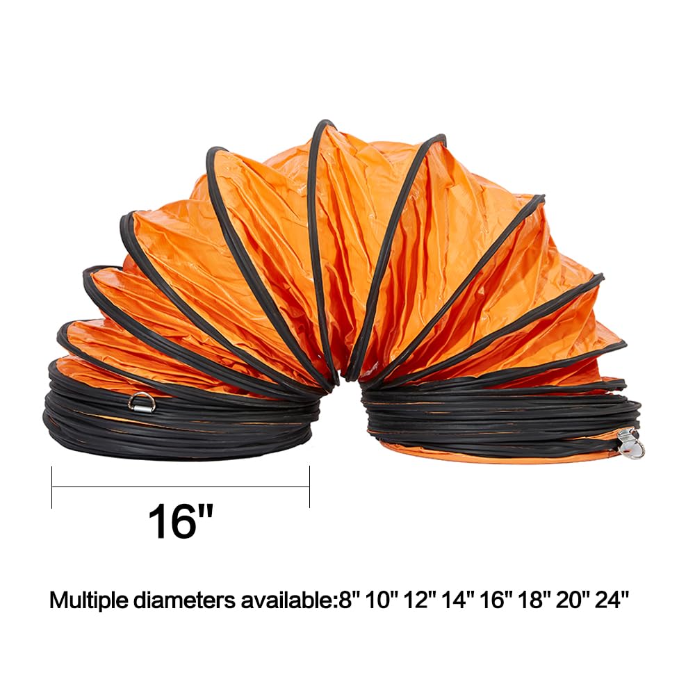 PVC Flexible Duct Hose, HVAC Duct Hosing Flame Retardant for Ventilator Utility Blower Fan with Adjustable Rope and D-Ring, Easy Storage (16inx25ft)
