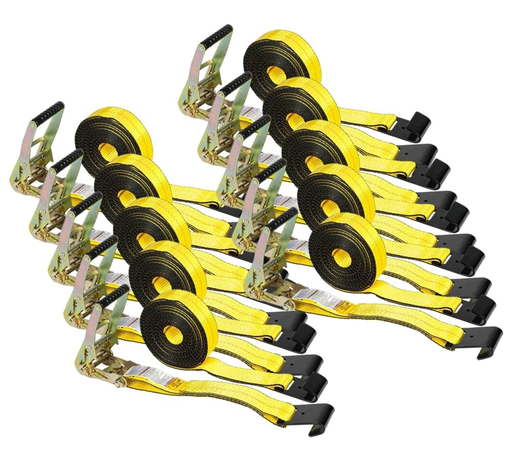Mytee Products (10 Pack) 2 inch x 27' Heavy Duty Tie-Down Ratchet Straps w/Flat Hook - 10,000 lbs Breaking Strength - Wide Handle Flat Hook Ratchet Straps for Cargo, Flatbed Trailers, Pickup Trucks