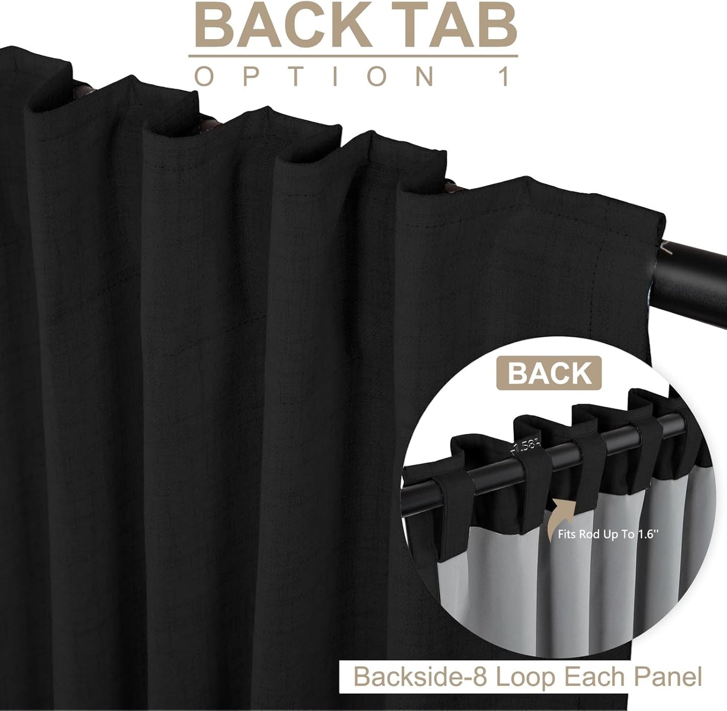 Skiennix 100% Blackout Linen Curtains - Thermal Insulated Drapes for Bedroom | 84" Long, Black, 2 Panels Set