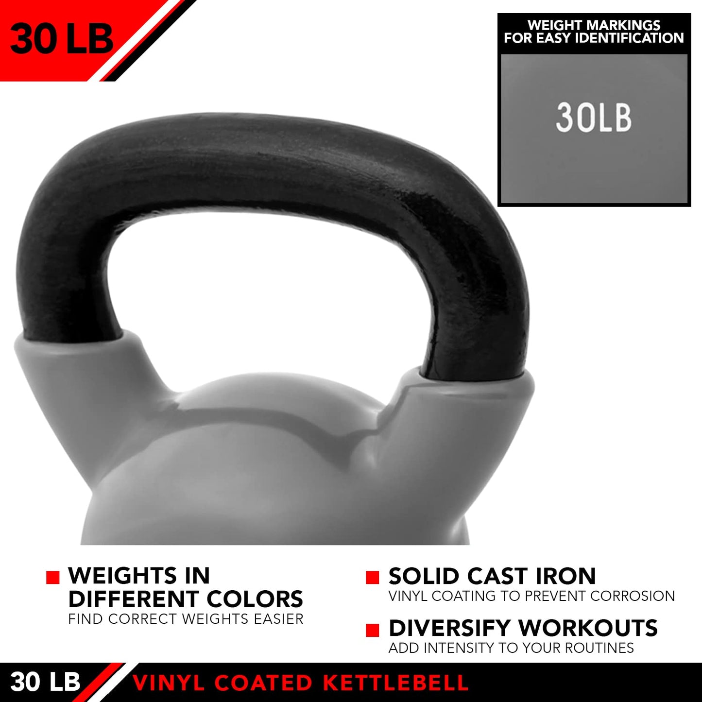 JFIT Vinyl-Coated Cast Iron Kettlebell Weight – Flat Bottom Kettlebell for Strength Training, Cross Training & Home Gym Workouts, 30LB-Gray