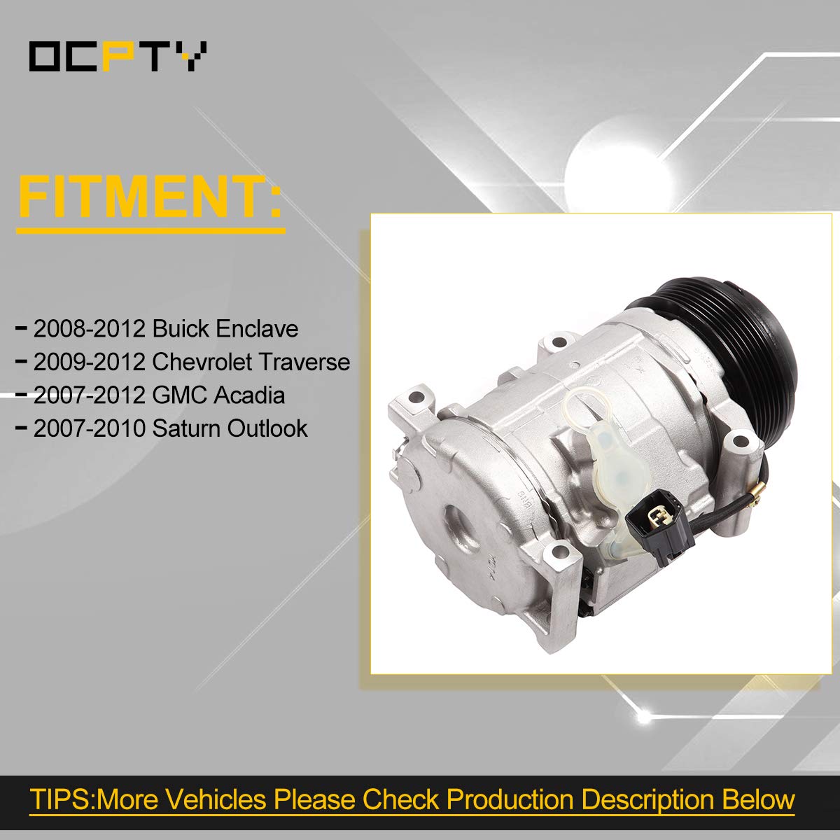 OCPTY AC Compressor for 2007-2012 for Buick Enclave for Chevy Traverse for GMC Acadia for Saturn Outlook 2021784AM 2021784R 1421625 1421625NC C1789 C1789R 6512525 7512525 255659