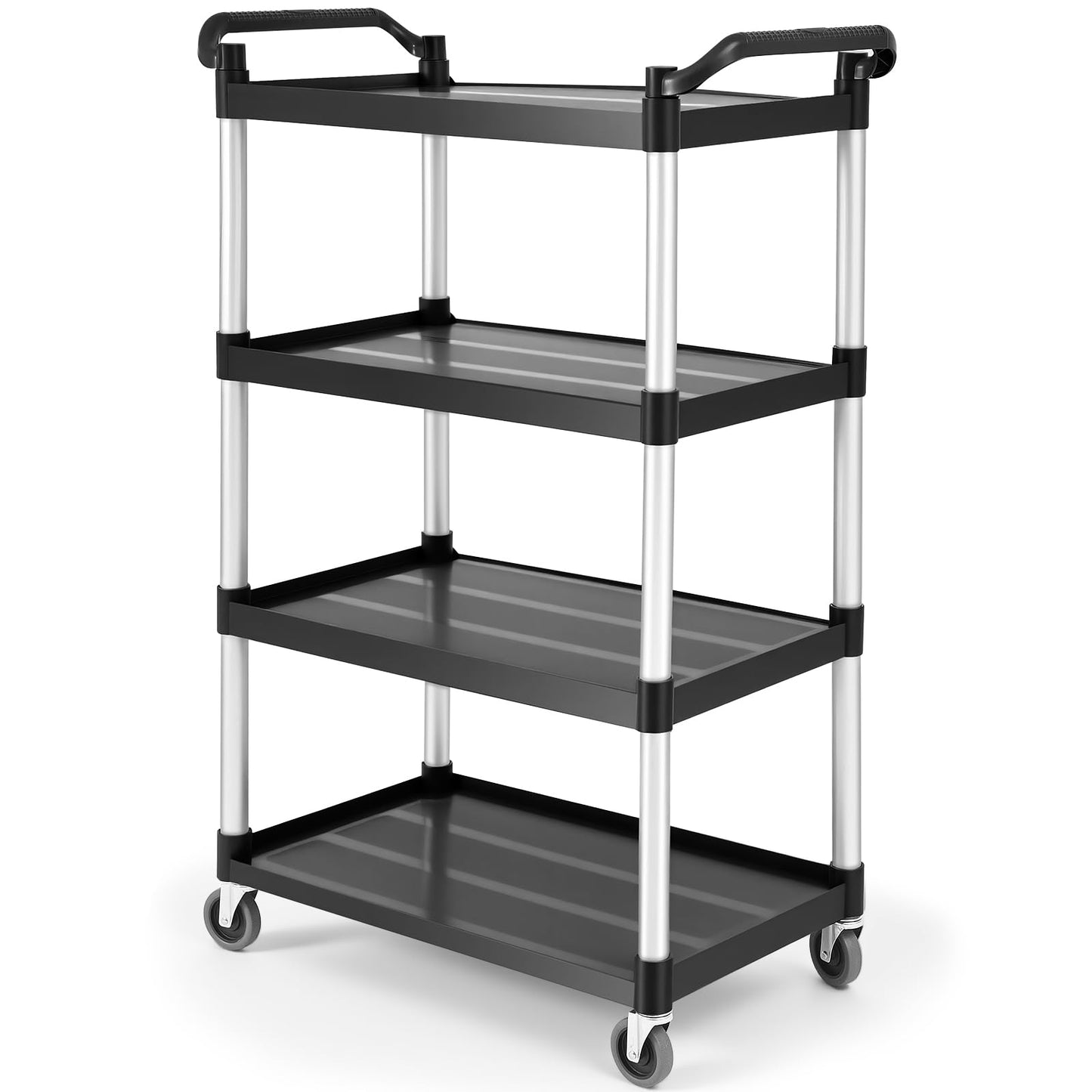 BBTO Heavy Duty 4 Shelf Utility Cart 4 Shelf Rolling Service/Utility/Push Cart with Deep Shelves and Casters, 300 Lbs, Large Capacity, for Food Service, Restaurant, Cleaning(Black)
