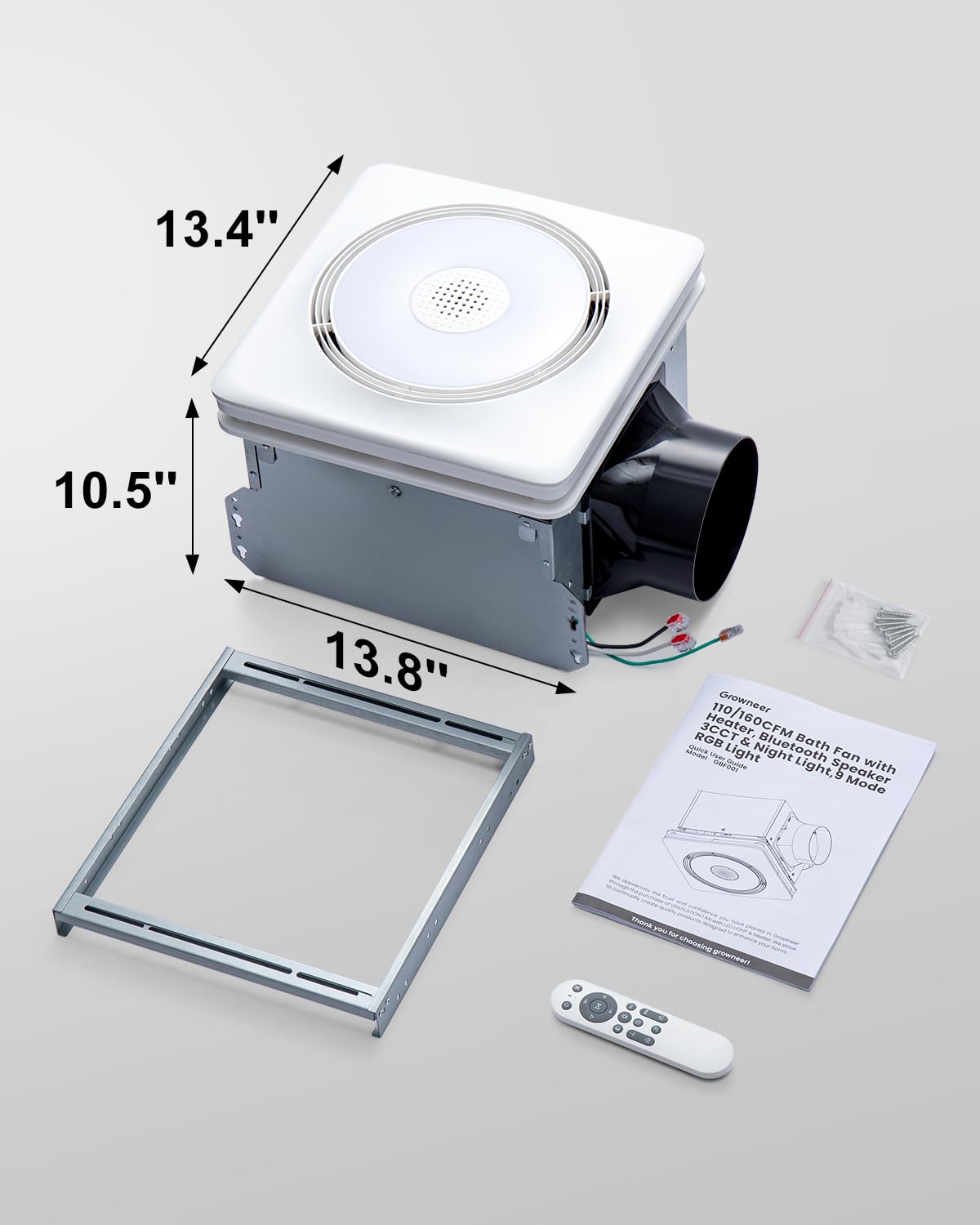 GROWNEER Bathroom Exhaust Fan with Bluetooth Speaker and Heater, Quiet Exhaust Ventilation Fan with Light & Remote 110/160 CFM 1.0 Sone, 9 RGB Modes, 1500lm 3-CCT & Nightlight