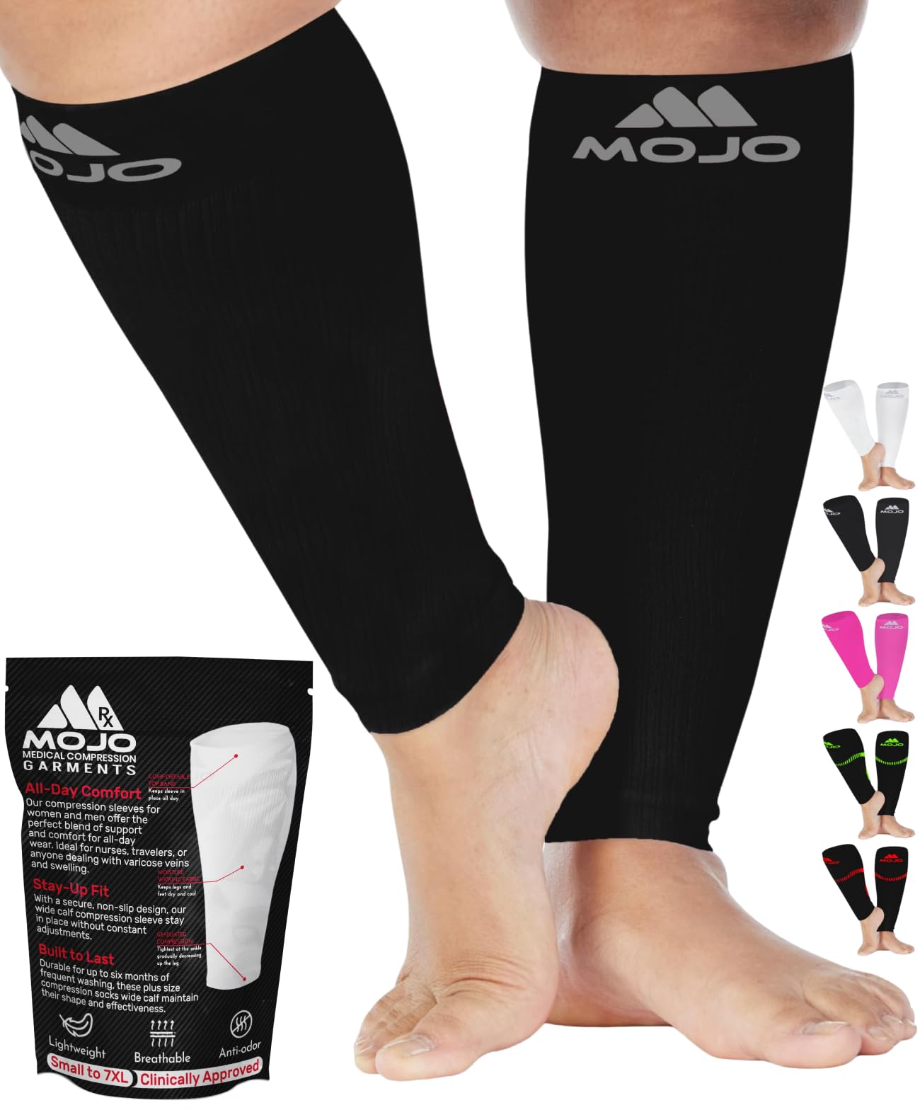 Mojo - Compression Socks Footless for Women and Men 20-30mmHg - Extra Wide Calf Compression Sleeve for Lymphedema, Varicose Veins Circulation - Black, 5X-Large - A604