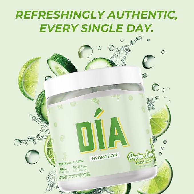 Primeval Labs Dia Hydration Electrolyte Powder | Vitamin C + Zinc, Taurine & Electrolytes | Low Sugar Daily Hydration Drink | 40 Serving Tubs | Pepino Limon