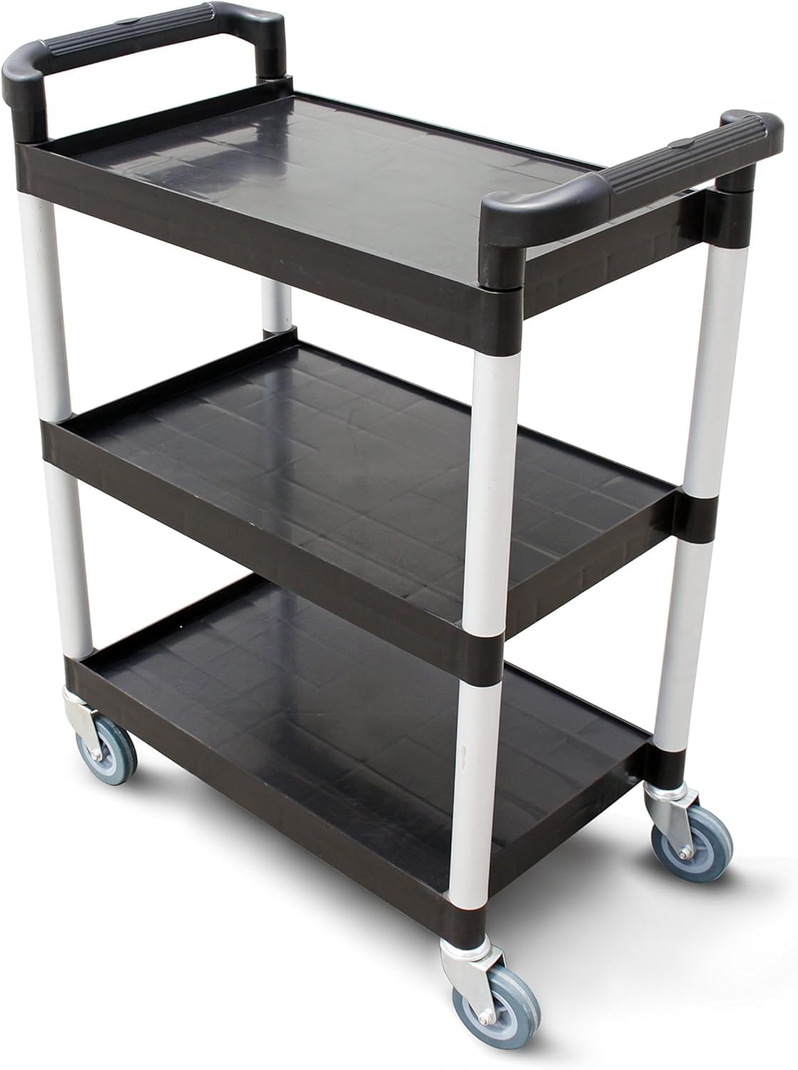 New Star Foodservice Heavy-Duty 3-Tier Plastic Utility Bus Cart with Locking Casters, 350 lb Capacity, 42.5 x 19.5 x 38.5 Inch, Black
