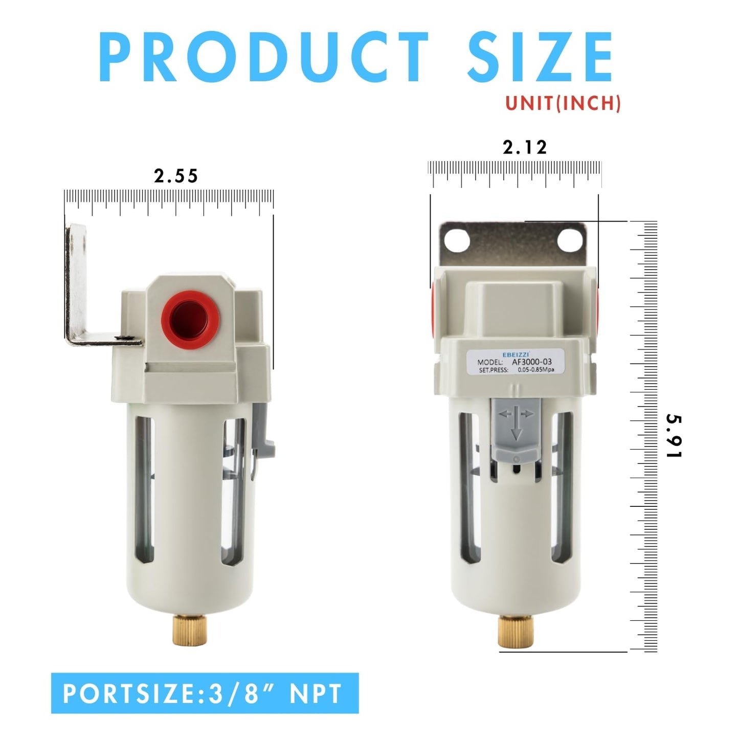 EBEIZZI 3/8" NPT Air Dryer for Compressor | Compressed Air Line Filter | 5 Micron Brass Element|Bracket, Poly Bowl, 145 psI