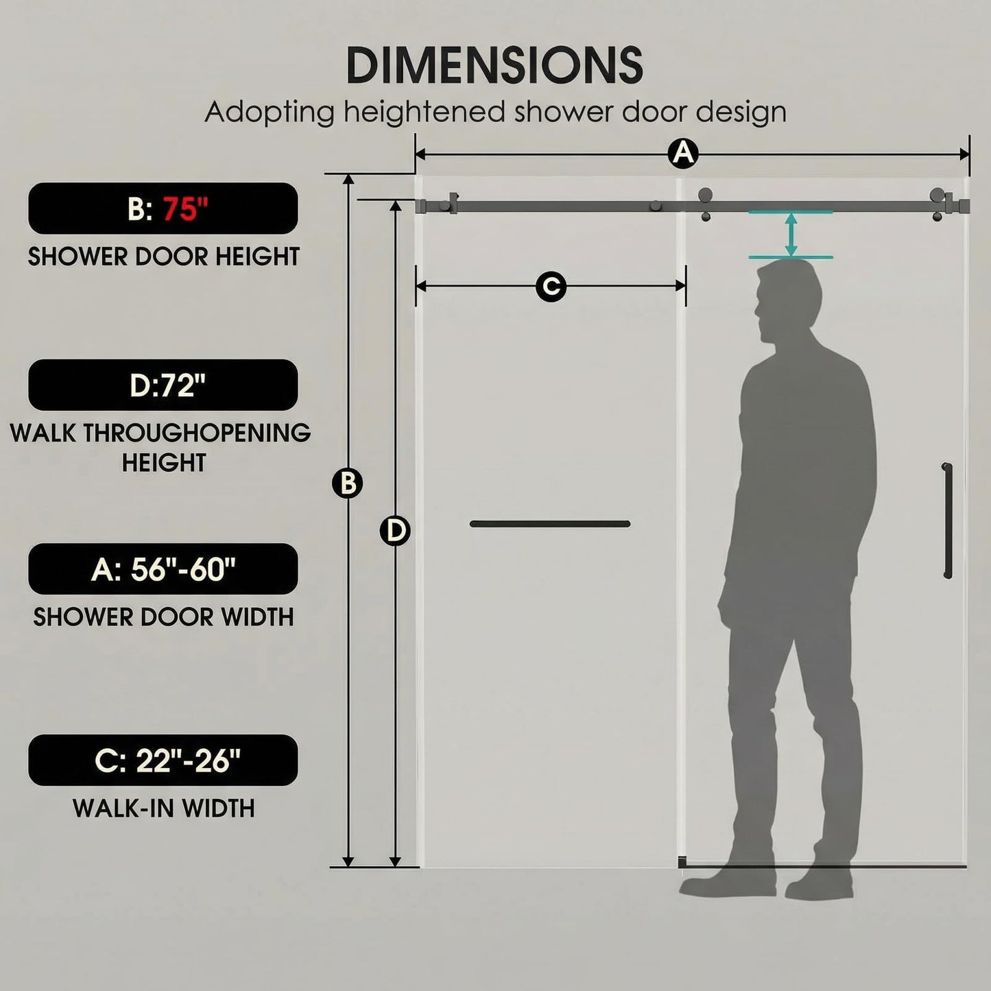 LARWORKS Frameless Glass Shower Door 5/16''(8mm), Sliding Bathroom Door56-60 in. W, 75 in. H, SGCC Tempered Glass, Explosion-Proof Film, Nano Coating, Matte Black - Square
