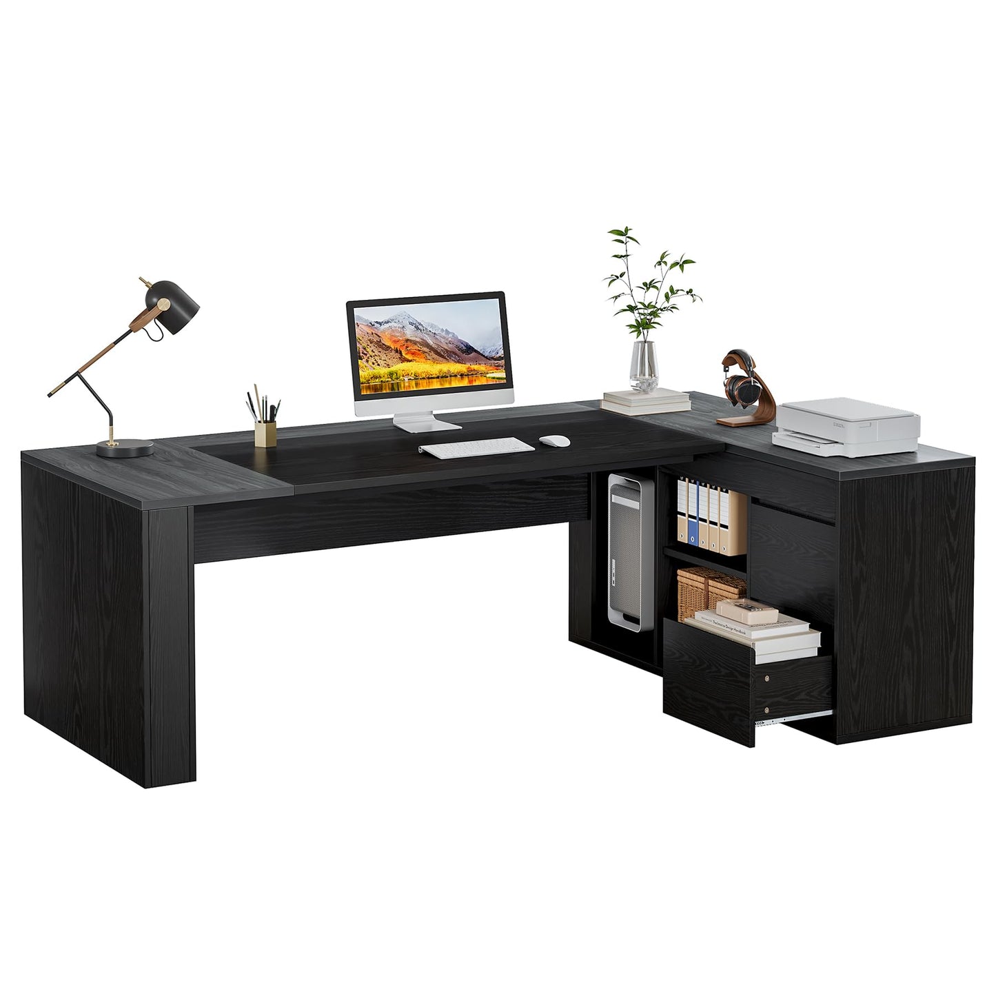 Tribesigns 78" L Shaped Executive Desk with Drawers, Large Office Computer Desk with Cabinet and Storage Shelves, Modern Business Furniture Sets Workstation for Home Office (Gray&Black)