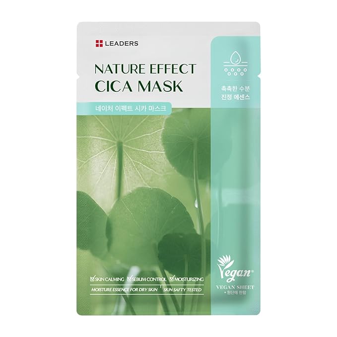 LEADERS Nature Effect Cica Mask ??Hydrating & Soothing Face Mask with Cica & Tea Tree Extracts for Healthy Skin, Skin Calming & Moisturizing, Vegan & Plant-Derived, Sebum Control - 10 Sheets