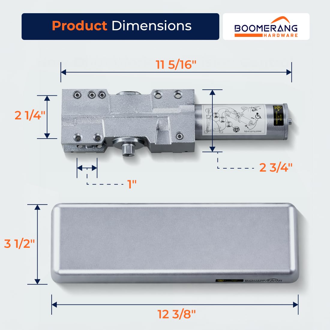 Boomerang D9016 Extra Heavy-Duty Designer Auto Commercial Door Closer, Multiple Mount Options, Door Closer for Extreme Traffic Areas, ADA & UL 3 Hour Fire Rated, Aluminum/Silver (US26D)