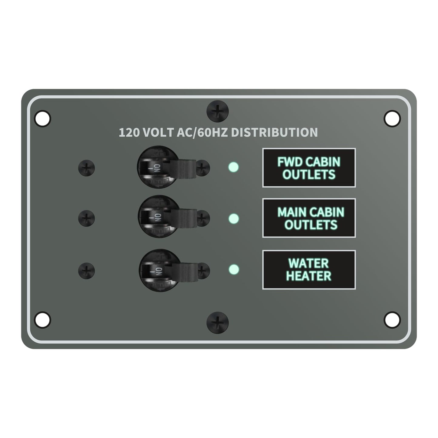 Haoguo Marine Distribution Switch Panel, 120VAC 3-Position Circuit Breaker with LED Indicators, 12VDC Backlit Board, Multiple Labels, Overload Protection, for Boats, RVs, and Home AC Circuits,HCTP-03
