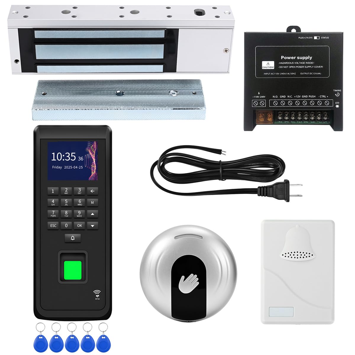 Biometric Access Control System with Fingerprint Scanner, LCD Display Keypad, RFID Card, Infrared Exit Button, 1200lb Magnetic Lock - Supports 3000 Users & Attendance Tracking