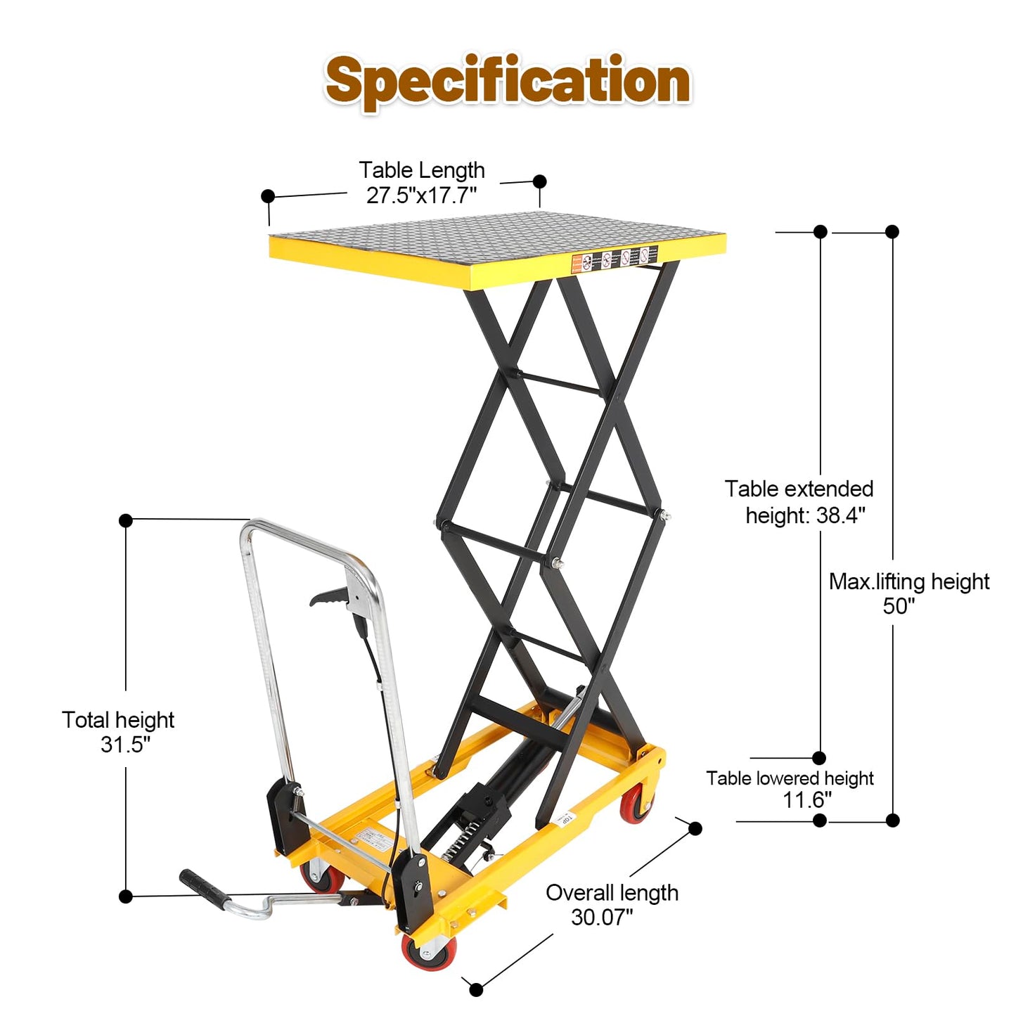 KAFLLA Double Scissor Hydraulic Lift Table Cart with Foldable Handle, 330 lbs Capacity, 11"–50" Lifting Range Manual Hydraulic Lift Cart with Anti-Slip Platform & 4 Wheels for Material Handling