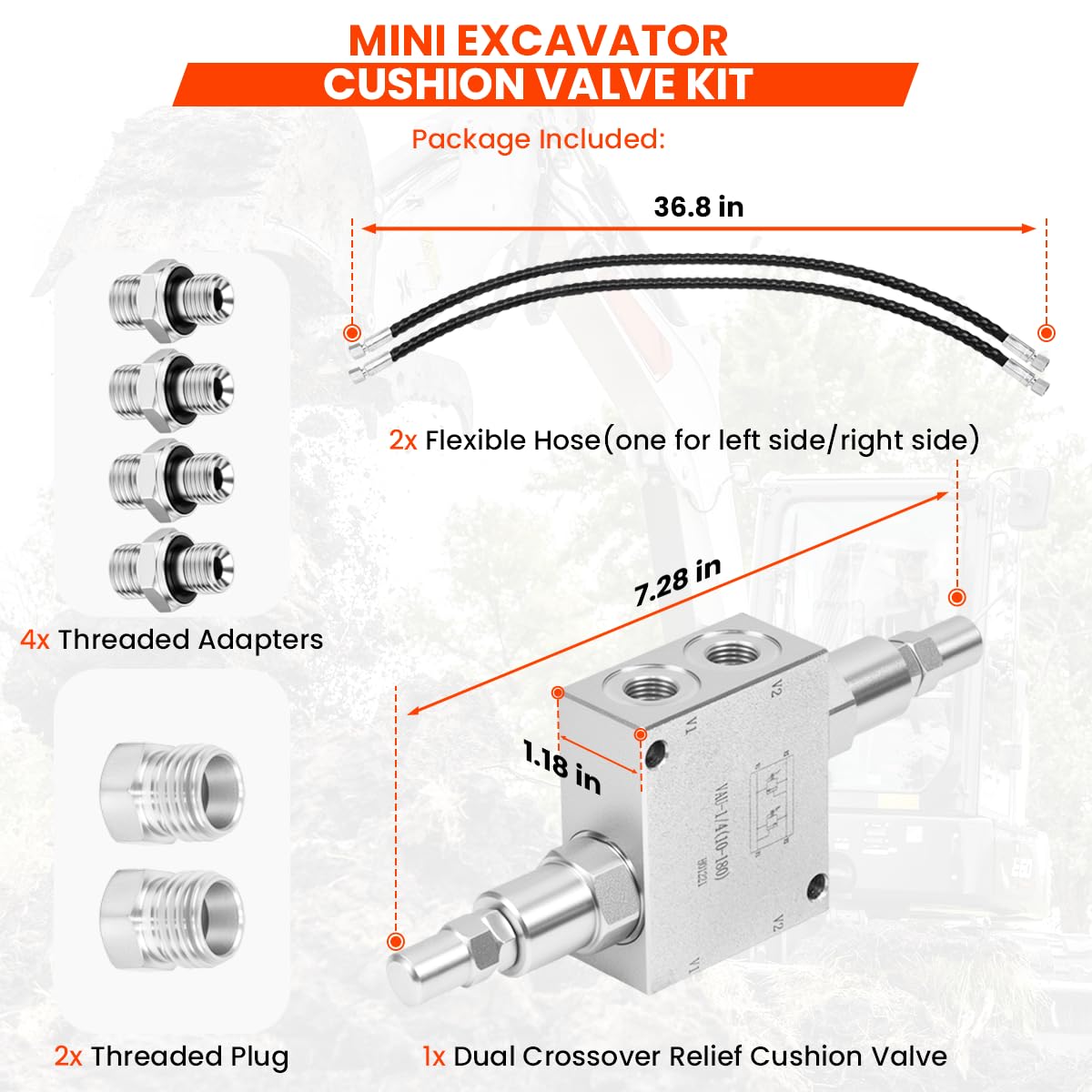 Mini Excavator Hydraulic Cushion Valve kit,1/4" Hydraulic Hoses and M14x1.5 Threaded Ends with Hydraulic Swivel Motor Buffer Dual Crossover Relief Cushion Valve