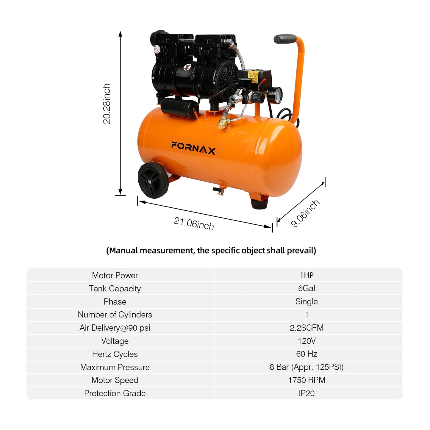 FORNAX Portable Air Compressor 6.4 Gallon, 1 HP 2.2CFM@ 90 PSI Oil Free Air Compressor, Max Pressure 125 PSI, 65 dB Quiet Compressor for Auto Repair, Tire Inflation, Spray Painting, Woodwork Nailing