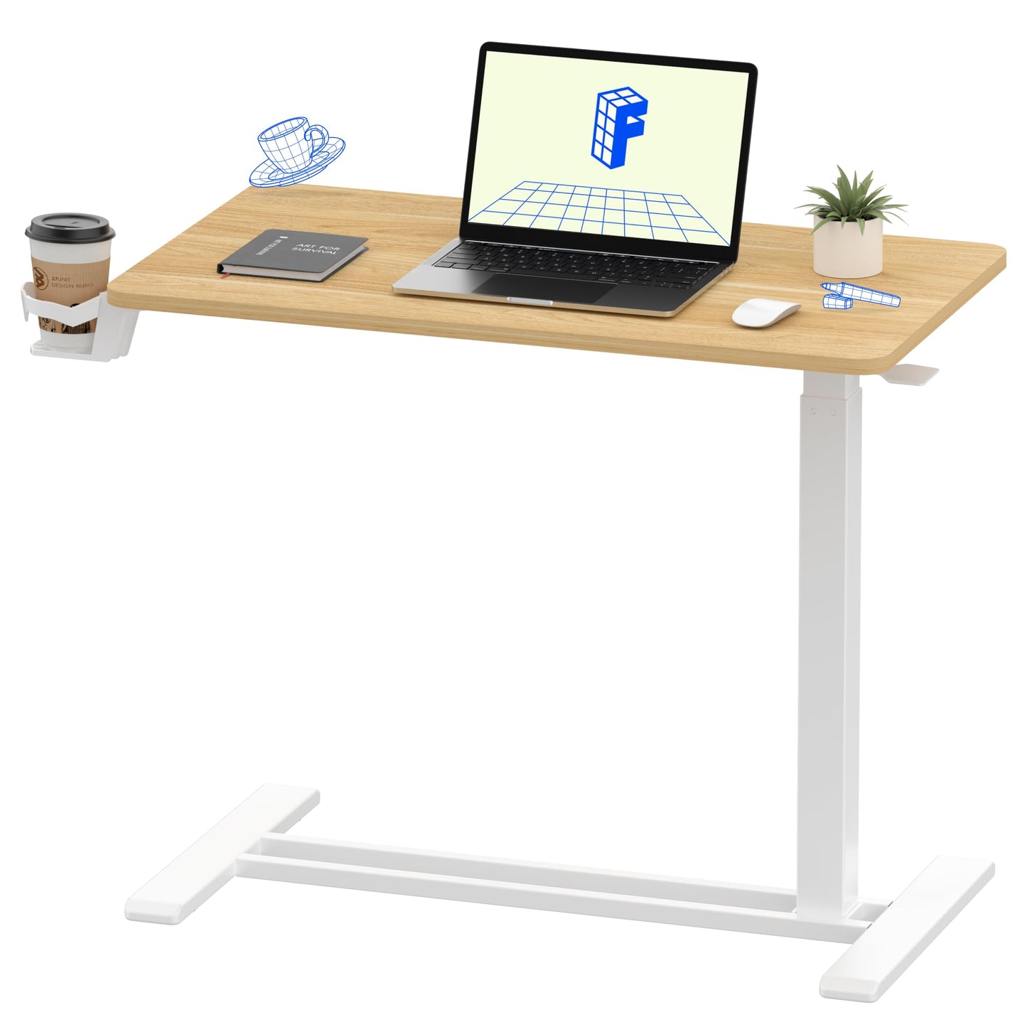 FLEXISPOT H7 Adjustable Overbed Bedside Table with Wheels Pneumatic Mobile Standing Desk Laptop Desk Rolling Computer Cart Movable Table Hospital Home Use(31.5" W x 17.7" D, Maple Large)
