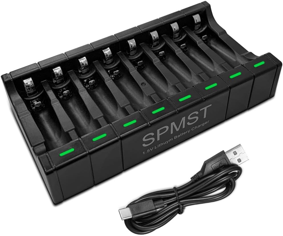 SPMST 5V 2A 8-Slot 1.5V AA/AAA Battery Charger: A Type-C Fast Charger with LED Indicators for Lithium AA/AAA Batteries