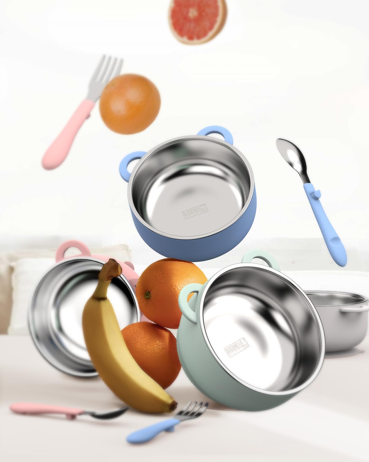 Bakpoco Toddler Feeding Suction Bowls and Utensils Set, 2-in-1 Stainless Steel 304 Kids Bowl & Silicone Suction Baby Bowl with Spoons and Forks, First Self-feeding Training Set, Sunrise Meadow