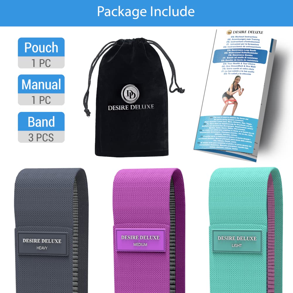 Desire Deluxe Premium Resistance Bands Set – Fabric Stretch Bands for Strength Training, Physical Therapy, Pilates & Yoga, Non-Slip Workout Bands for Men & Women (3 Pack)