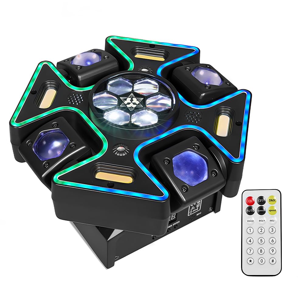 MINGJIE 4 Arm Moving Head DJ Lights, 150W RGBW LED Stage Lighting with Strobe & Bee-Eye Effect, Red/Green Starlight, DMX512,Remote Control,Sound Activated, 540°Rotation for Parties,Clubs,Disco,Bar