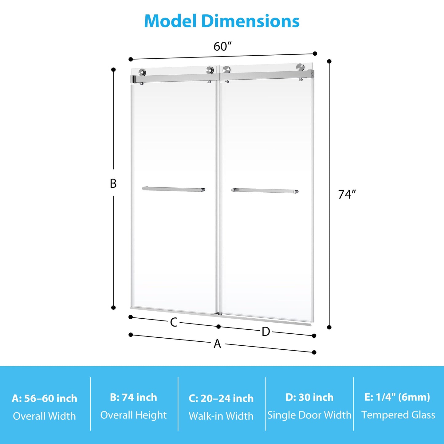 Frameless Double Sliding Shower Door 56–60 × 74 Inch – Bypass Glass Shower Door with 6mm Tempered Glass, Square Stainless Steel Rail, Brushed Sliver