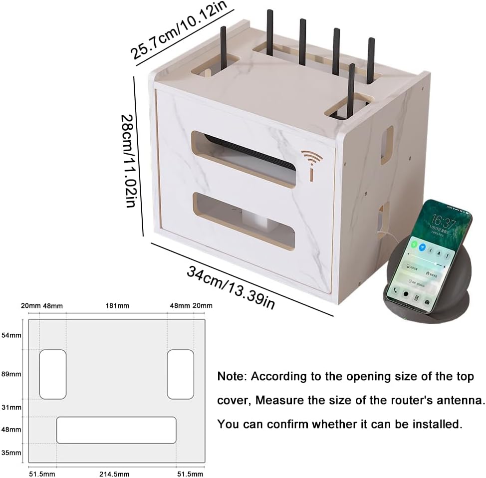 W WWEENUO Wooden Router Shelf, Desktop WiFi Router Storage Box Modem Rack Cover Power Strip and Cable Management Hider
