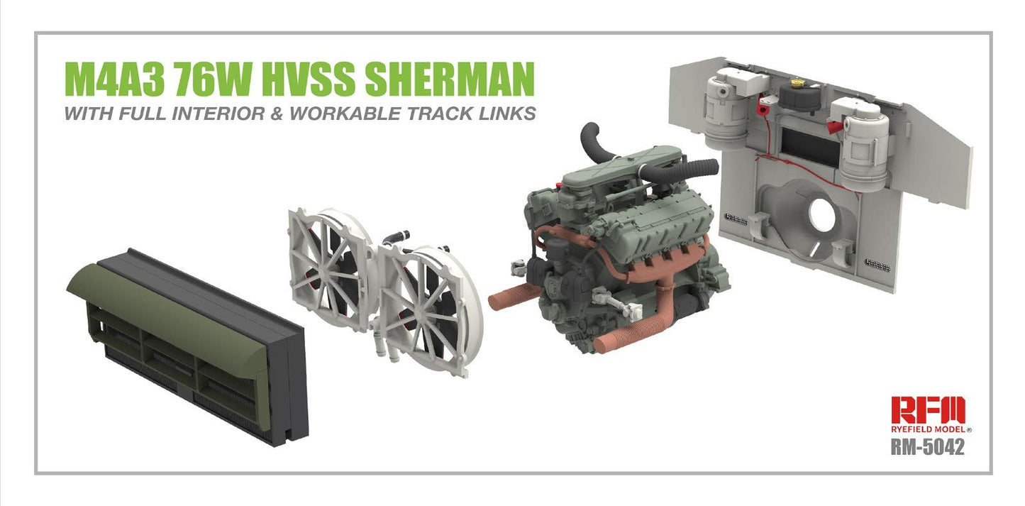 Raifield Model RFM5042 1/35 US Army M4A3 76W HVSS Sherman Medium Tank w/Movable Crawler & Full Interior Plastic Model